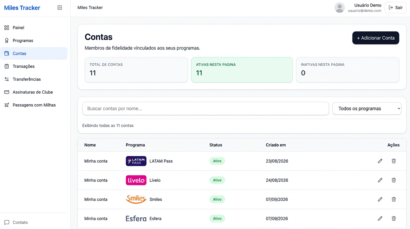 Tela de Contas do Miles Tracker com lista de contas de fidelidade e status