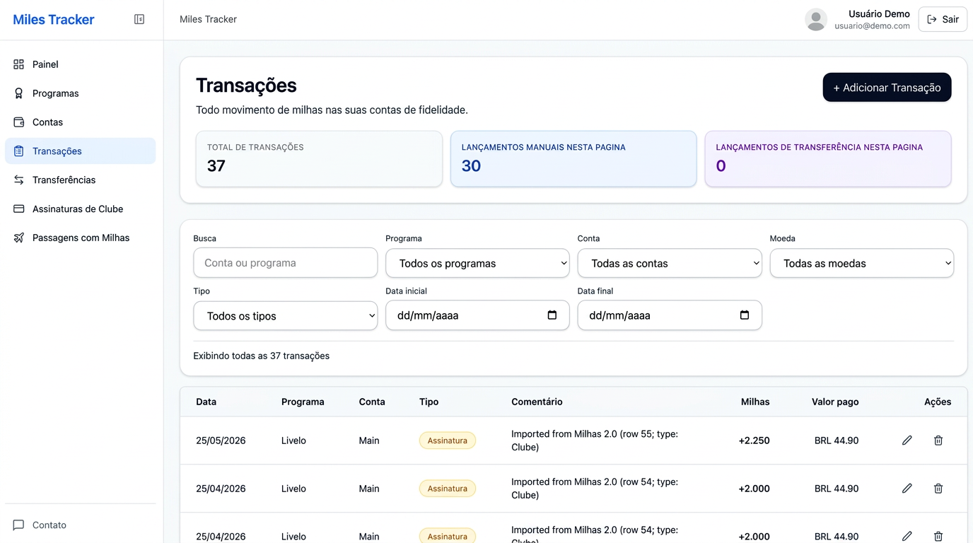 Tela de Transações do Miles Tracker com filtros e histórico de lançamentos